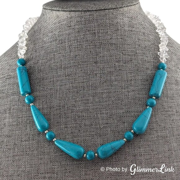 Two Tone Faux Turquoise Beads & Clear Quartz Chips Silver Tone Necklace - Picture 3 of 8